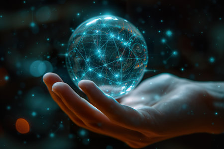 Interface networks connect sphere on hand. generative aiの素材