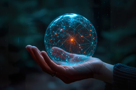 Interface networks connect sphere on hand. generative aiの素材