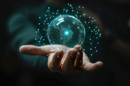 Interface networks connect sphere on hand. generative aiの素材