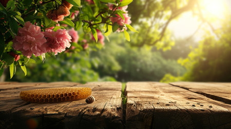 Empty rustic old wooden boards table with Few honey on desk, Product display template. generative aiの素材