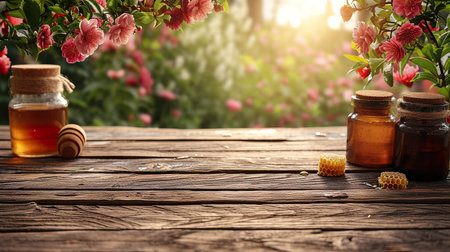 Empty rustic old wooden boards table with Few honey on desk, Product display template. generative aiの素材