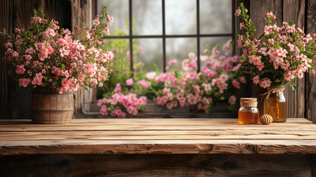 Empty rustic old wooden boards table with Few honey on desk, Product display template. generative aiの素材