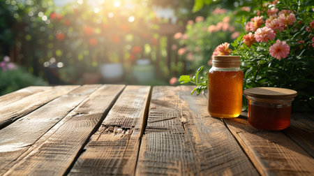 Empty rustic old wooden boards table with Few honey on desk, Product display template. generative aiの素材