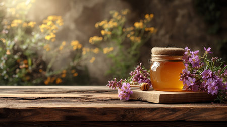 Empty rustic old wooden boards table with Few honey on desk, Product display template. generative aiの素材