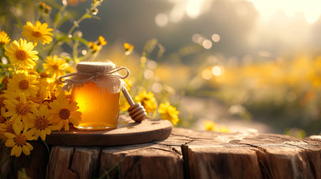 Empty rustic old wooden boards table with Few honey on desk, Product display template. generative aiの素材