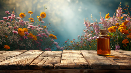 Empty rustic old wooden boards table with Few honey on desk, Product display template. generative aiの素材