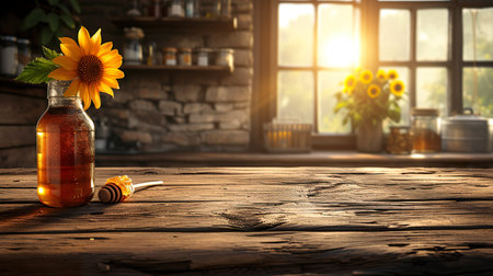 Empty rustic old wooden boards table with Few honey on desk, Product display template. generative aiの素材