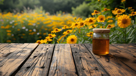 Empty rustic old wooden boards table with Few honey on desk, Product display template. generative aiの素材