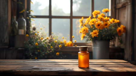 Empty rustic old wooden boards table with Few honey on desk, Product display template. generative aiの素材