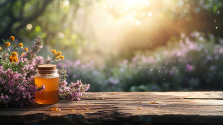 Empty rustic old wooden boards table with Few honey on desk, Product display template. generative aiの素材