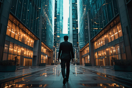 Back photo a businessman walk between buildings. generative aiの素材