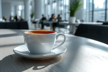Cup of coffee on the table in the office in the background with office workers. generative aiの素材
