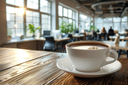 Cup of coffee on the table in the office in the background with office workers. generative aiの素材