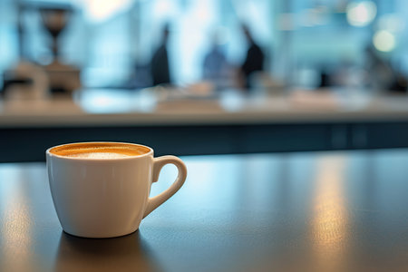 Cup of coffee on the table in the office in the background with office workers. generative aiの素材