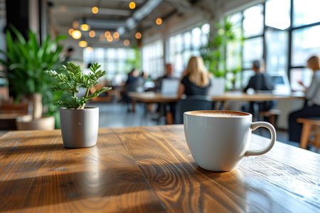 Cup of coffee on the table in the office in the background with office workers. generative aiの素材