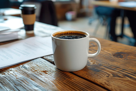 Cup of coffee on the table in the office in the background with office workers. generative aiの素材