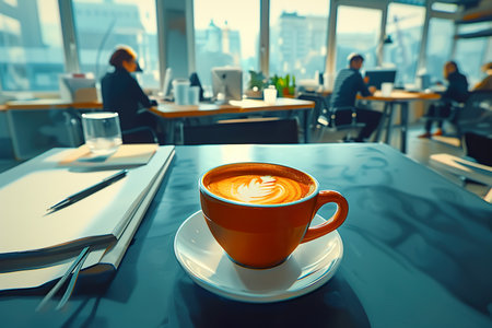 Cup of coffee on the table in the office in the background with office workers. generative aiの素材