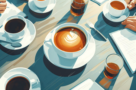 Cup of coffee on the table in the office in the background with office workers. generative aiの素材