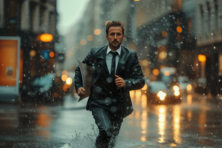 Businessman running in the rain, holding a file in one hand on a city street. generative aiの素材