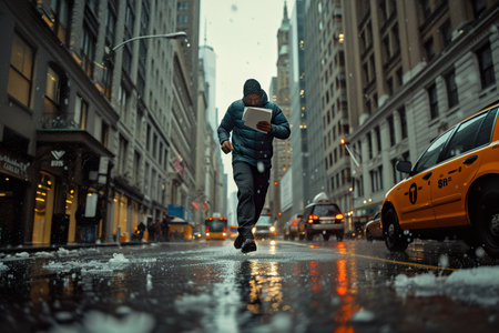 Businessman running in the rain, holding a file in one hand on a city street. generative aiの素材