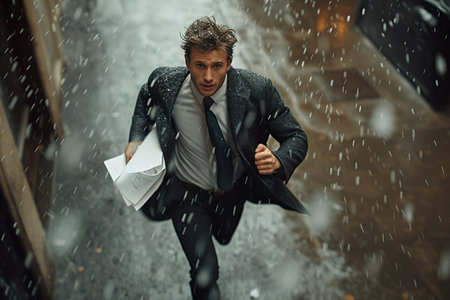 Businessman running in the rain, holding a file in one hand on a city street. generative aiの素材