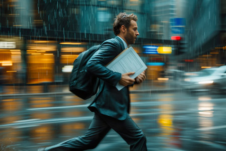 Businessman running in the rain, holding a file in one hand on a city street. generative aiの素材