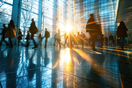 crowd of business people walking in office lobby fast moving. generative aiの素材