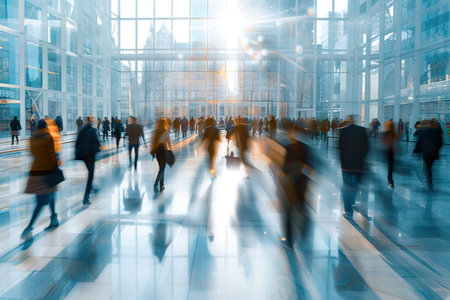 crowd of business people walking in office lobby fast moving. generative aiの素材