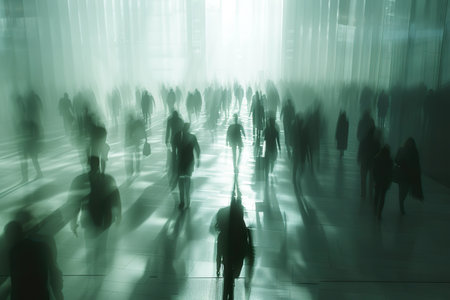 crowd of business people walking in office lobby fast moving. generative aiの素材