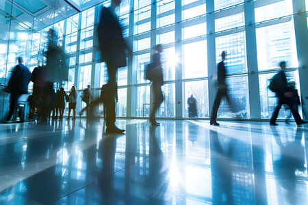 crowd of business people walking in office lobby fast moving. generative aiの素材