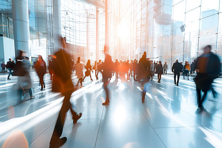crowd of business people walking in office lobby fast moving. generative aiの素材