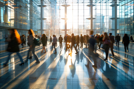 crowd of business people walking in office lobby fast moving. generative aiの素材