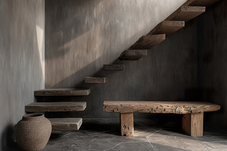 Wooden bench against grey wall and staircase, interior design of modern. generative aiの素材