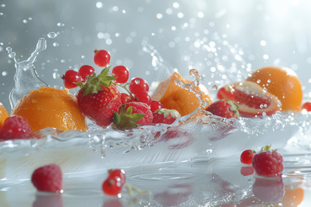 Water splash from various fruits on white background. generative aiの素材