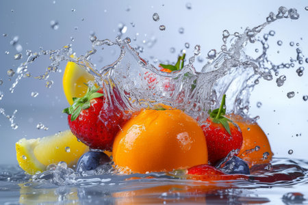 Water splash from various fruits on white background. generative aiの素材