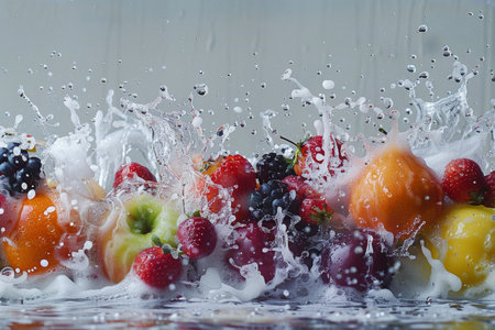 Water splash from various fruits on white background. generative aiの素材