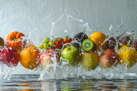 Water splash from various fruits on white background. generative aiの素材