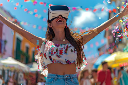 A woman wearing a virtual headset in a vibrant festival on a street. generative aiの素材