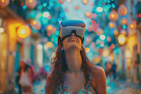 A woman wearing a virtual headset in a vibrant festival on a street. generative aiの素材