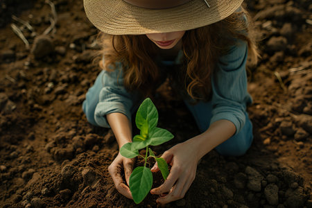 A young woman plants a tree. generative aiの素材