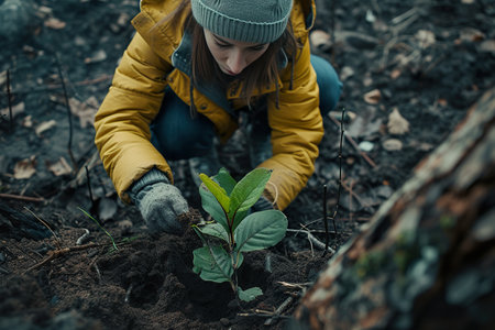 A young woman plants a tree. generative aiの素材