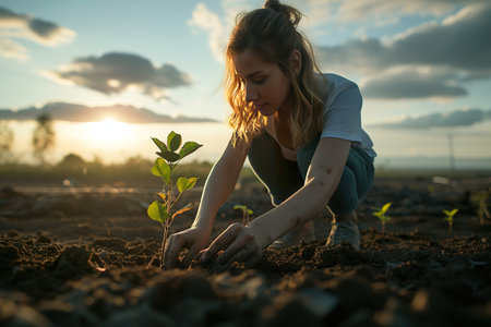 A young woman plants a tree. generative aiの素材