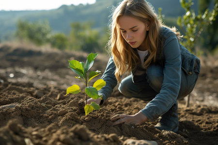 A young woman plants a tree. generative aiの素材