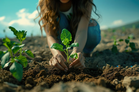 A young woman plants a tree. generative aiの素材