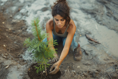 A young woman plants a tree. generative aiの素材