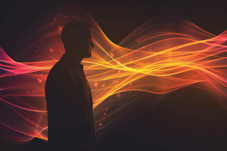Digital composite of Silhouette of man against glowing lines and wavesの素材