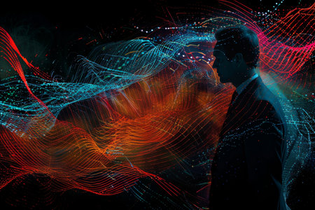 Businessman looking at abstract glowing lines and dots. Technology concept.の素材