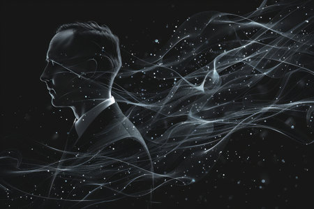 Silhouette of a man with abstract lines on a dark backgroundの素材