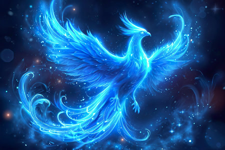 The outline of a blue phoenix, showcase interface cosmic background. generative aiの素材