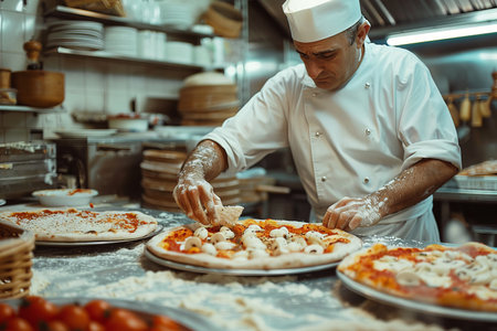Pizza chef finishing the preparing of in professional pizzeria restaurant kitchen. generative aiの素材